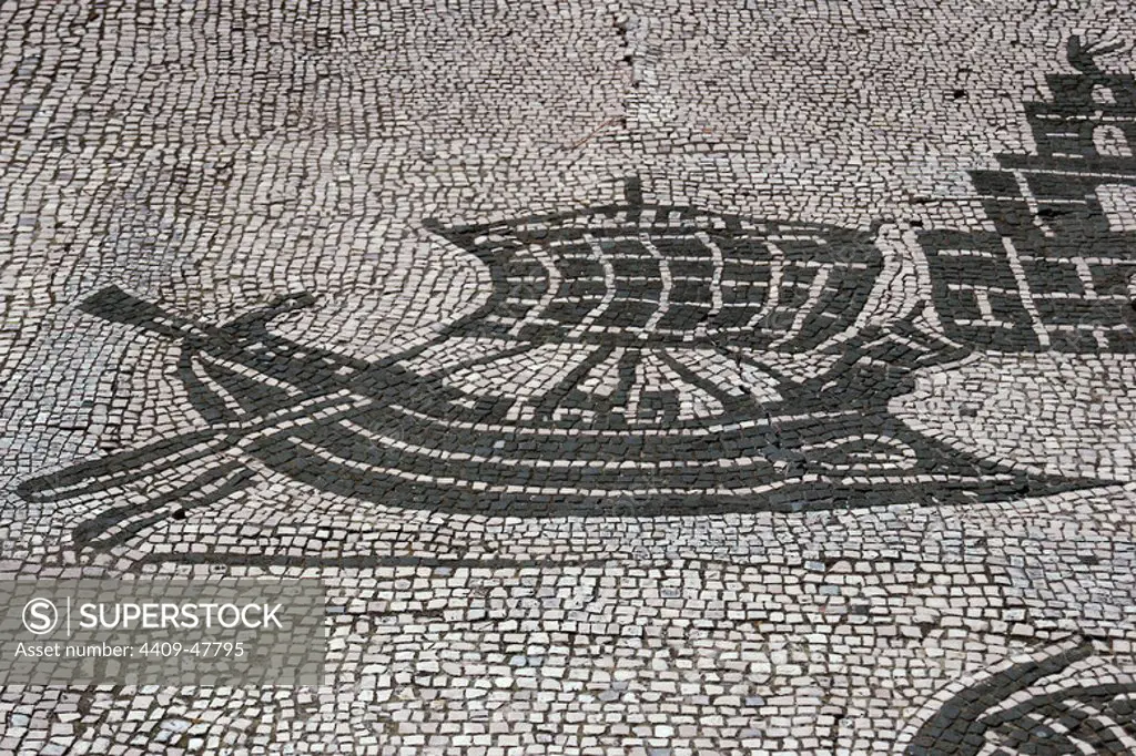 Roman mosaic. Commercial boat. From the Forum of the Corporations or Piazza delle Corporazione. Ostia Antica. Italy.