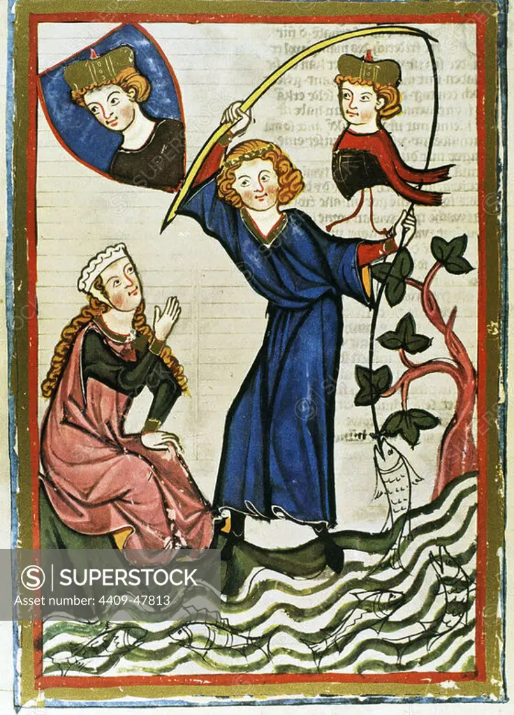 Pteffel, poet of the 13th century, fishing for his beloved. Codex Manesse (ca.1300) by Rudiger Manesse and his son Johannes. Miniature. Folio 302r. University of Heidelberg. Library. Germany.