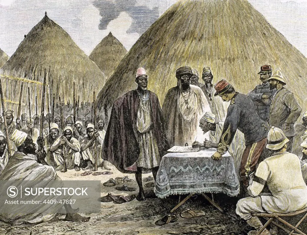 History of Africa. French colonialism. 19th century. Signing a treaty with the chief of the tribe Tamiso. Colored engraving.