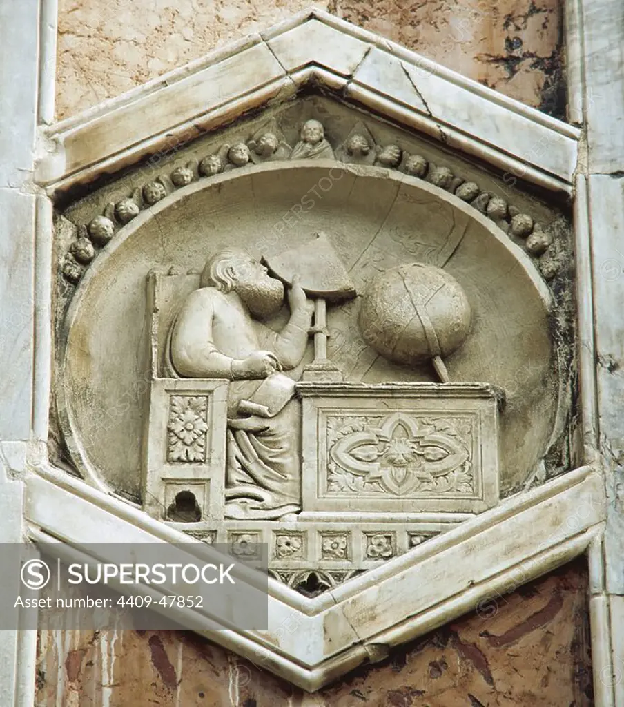 Gionitus. Inventor of Astronomy, (1334-1336). From the workshop of Andrea Pisano. The exagonal panels of the campanille of Florence Cathedral. Italy.