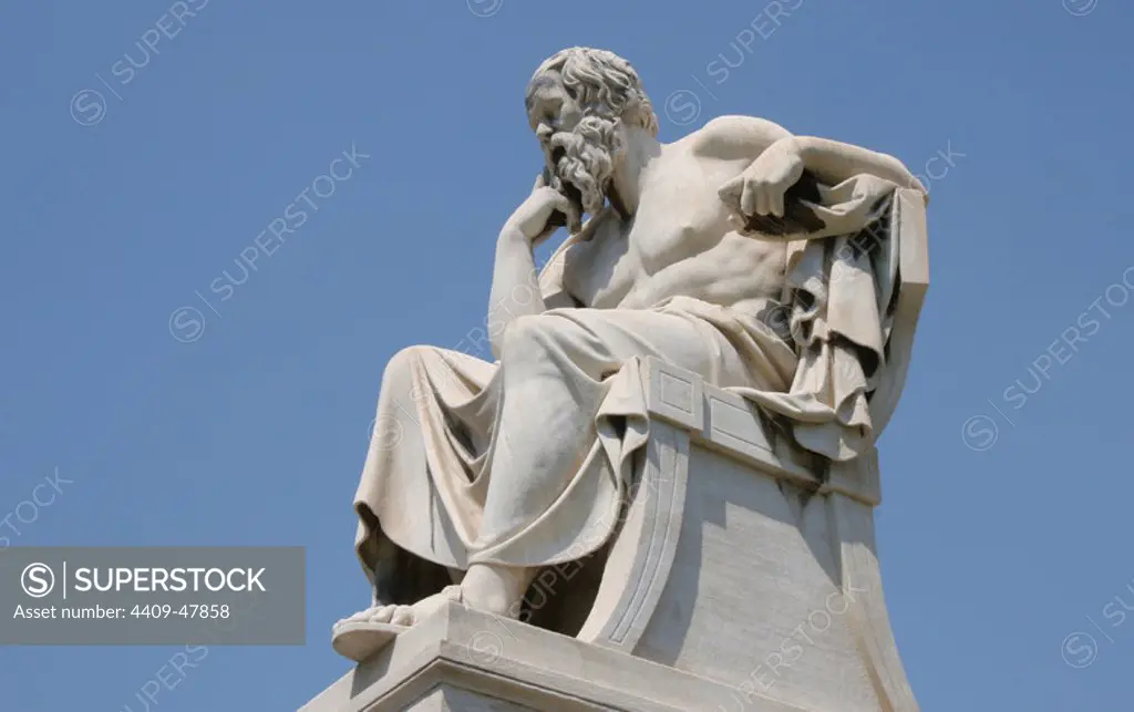 Socrates (469-399 BC). Classical Greek Philosopher. Statue of Socrates at the Athens Academy. Athens. Central Greece. Attica. Europe.