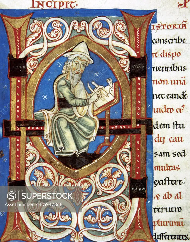 Jewish history and wars. Initial with image (amanuensis). Letter H. Manuscript. 15th century. Chantilly Castle. France.