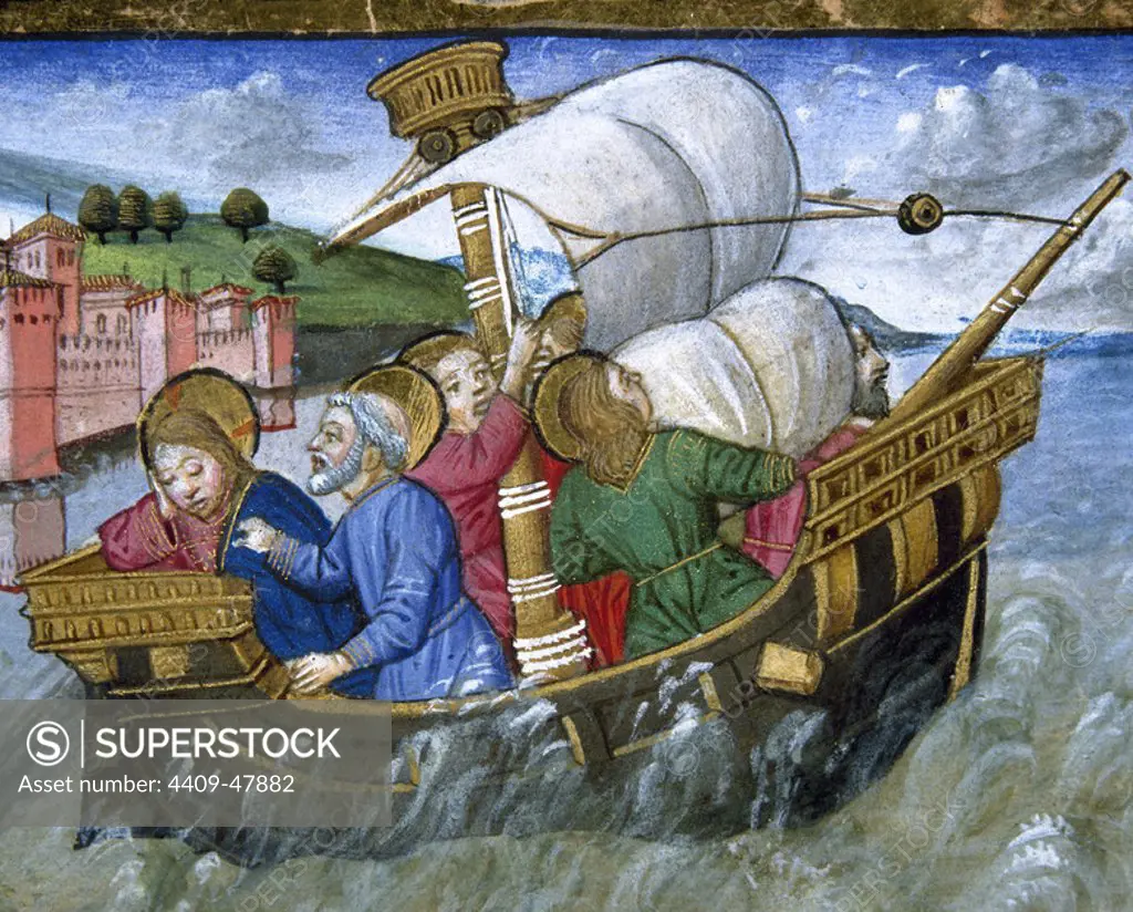 Storm on the Sea of Tiberias. Jesus tells his disciples not to fear. Codex of Predis (1476). Royal Library. Turin. Italy.