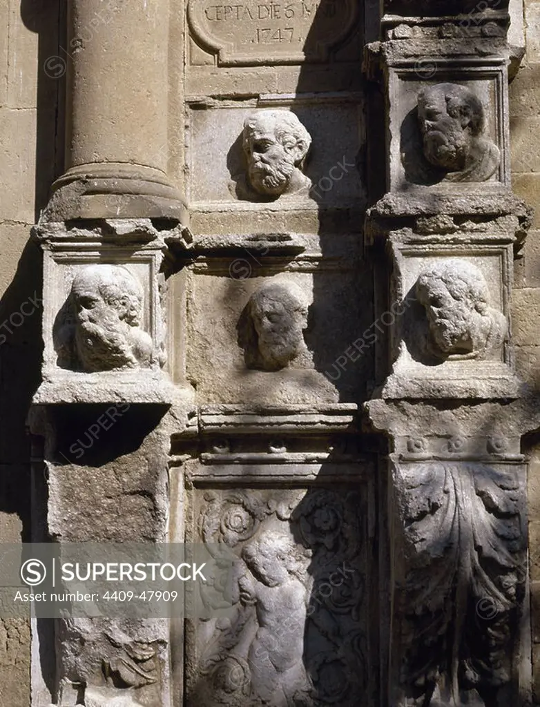 Church of St. Mary. Built between 1747 and 1789. Busts and reliefs carved into the facade. Calella. Barcelona province. Catalonia. Spain.