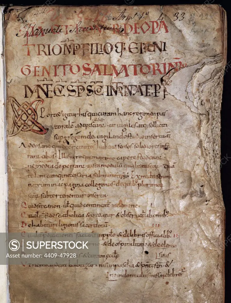 Miscellaneous Codex. 11th century. Carolingian letter. Initial Romanesque-Byzantin, folio 1. Manuscript 228. Library University of Barcelona. Catalonia. Spain.