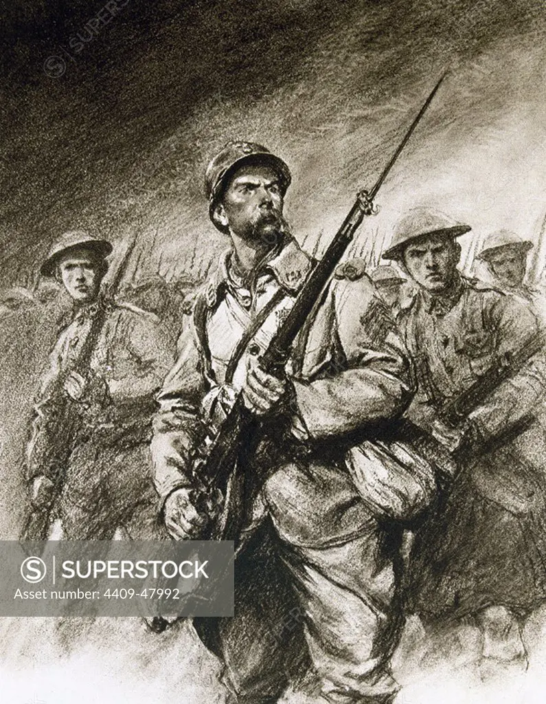 WORLD WAR (1914-1918). Soldiers with bayonets. Engraving.