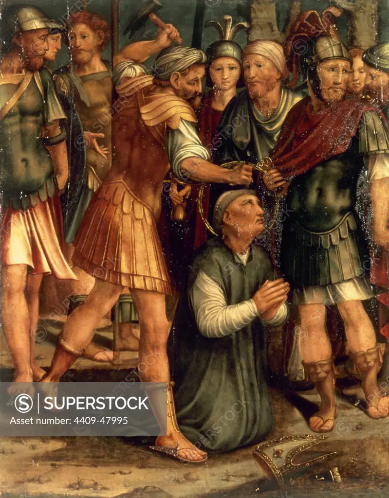 Martyrdom of St. Severus of Barcelona (died 304). Bishop of Barcelona. Martyred during the persecution of Christians by Diocletian. Atarpiece from the old hospital de Clerques (1541-1542). By Pere Nunyes and Henrique Fernandes. Diocesan Museum of Barcelona. Catalonia. Spain.
