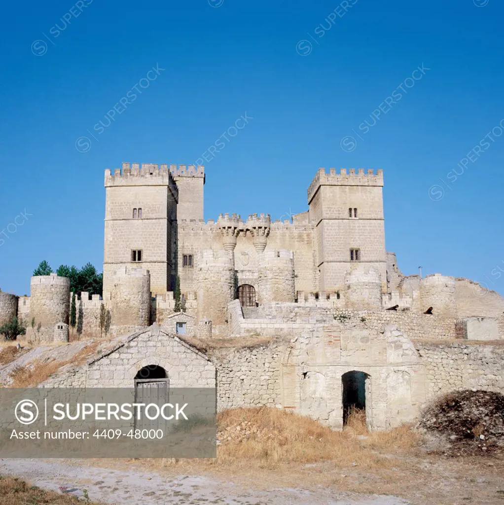 Ampudia castle. Built in XV century in gothic style. General view. Palencia province. Castile and Leon. Spain.