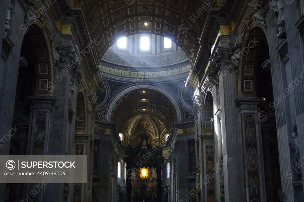 Renaissance Art. Italy. St. Peter's Basilica. Designed by Donato Bramante (1444-1514), Michelangelo (1475-1564), Carlo Maderno (1556-1629) and Gian Lorenzo Bernini (1598-1680). Interior view. Maderno's nave and the altar with Bernini's baldacchino (1623). Vatican City.