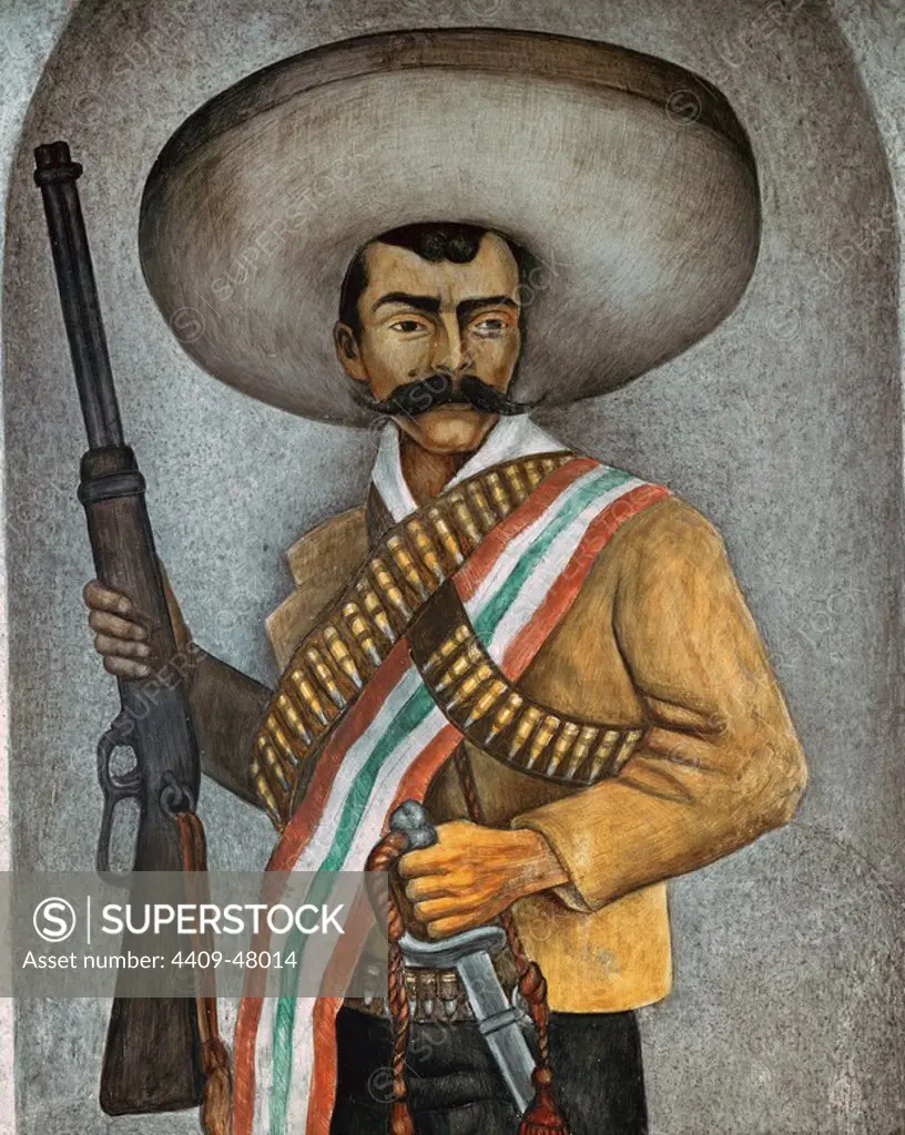 Emiliano Zapata (1879-1919). Mexican revolutionary. Portrait at the mural by Diego Rivera (1866-1957). Palace of Cortes. Cuernavaca. Mexico.