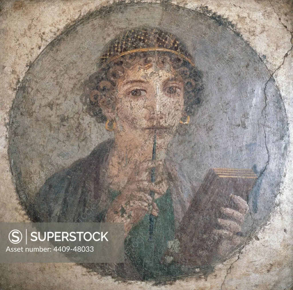 Roman Art. Italy. Fresco depicting a writer waiting for inspiration. Is identified with the Greek poet Sappho (c.612-c..570 B.C.). Dated in the 1st century. Pompeii. National Museum of Naples.