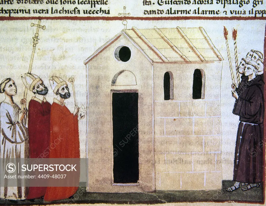 Giovanni Villani (ca. 1276 or 12801348). New Chronicles. Miniature depicting the foundation of the new church of Santa Croce. 14th Century. Fol. 155r. Vatican Library. Vatican City.