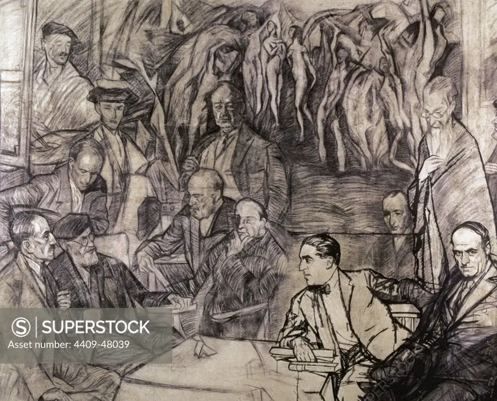 ARTE S. XIX. ESPAÑA. ZULOAGA, Ignacio (Eibar,1870-Madrid,1945). Pintor español. "MIS AMIGOS". Dibujo al carbón donde se retrata a PIO BAROJA, JUAN ECHEVARRIA, GREGORIO MARAÑON, RAMON MARIA DEL VALLE INCLAN, JOSE ORTEGA Y GASSET, etc. Museo Zuloaga. Zumaya. Provincia de Guipúzcoa. País Vasco.
