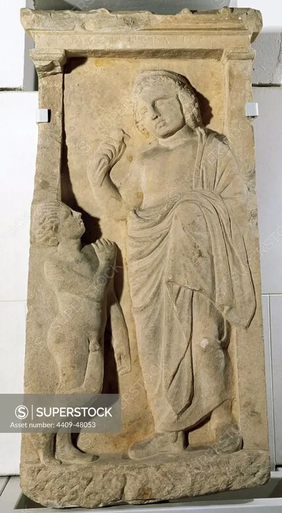 Greek art. Gravestone. Relief of a child and adult who holds a dove in his hands. Between 4th -3th centuries. Unknown origin. Archaeological Museum of Catalonia. Barcelona. Spain.