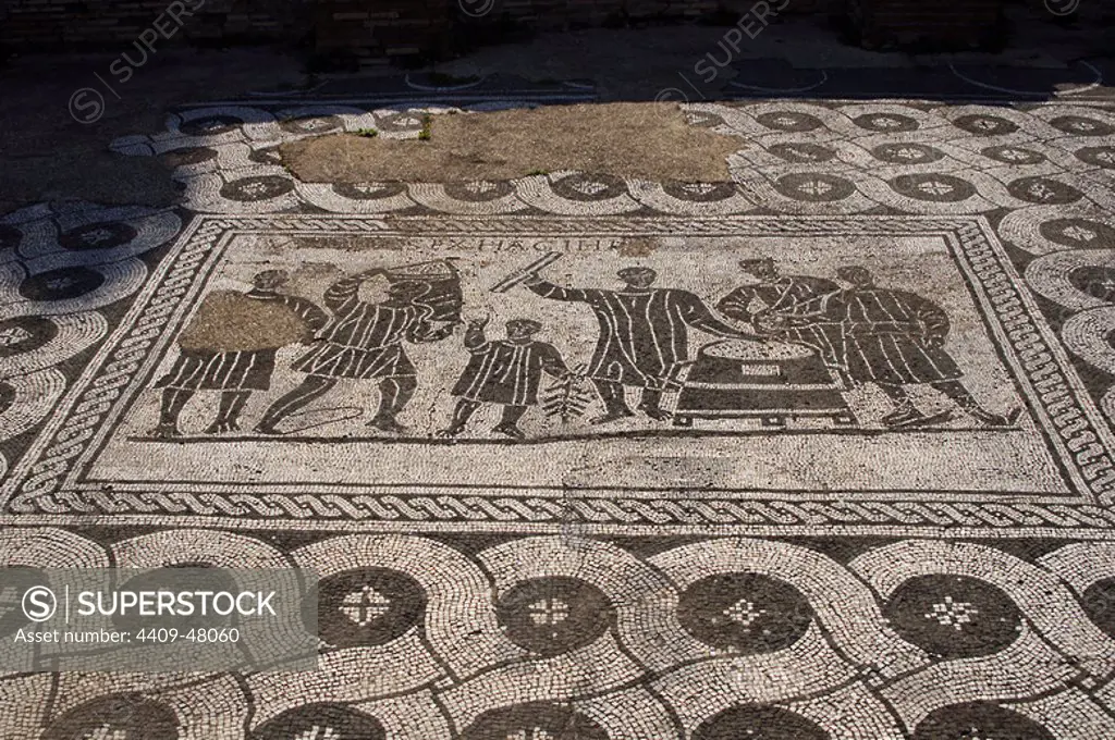 Ostia Antica. The Hall of the Grain Measurers. 3rd century. Mosaic depicting grain measurers (mensores frumentariiI) at work. Italy.