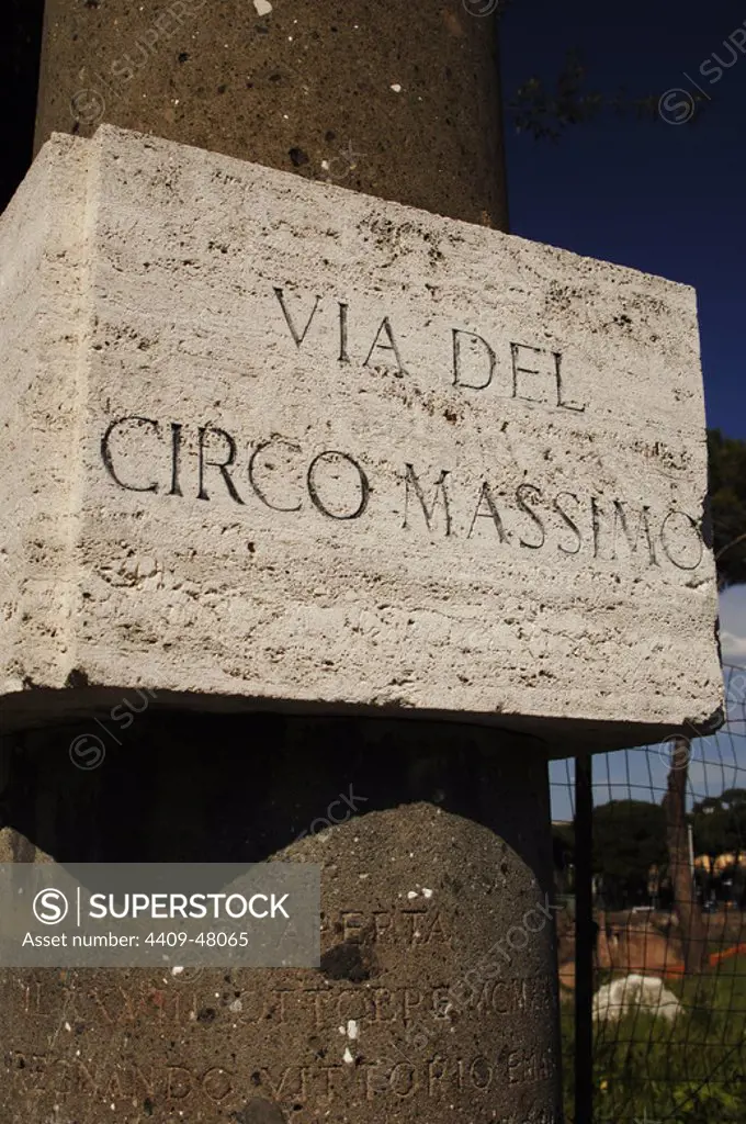 Italy. Rome. The Circus Maximus (Circo Massimo). Ancient Roman chariot racing stadium. Poster with inscription of the Via Circo Massimo.