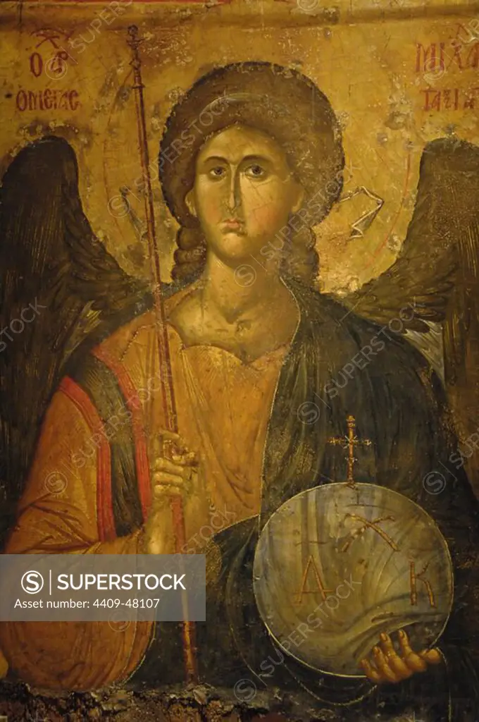 BYZANTINE ART. GREECE. ICON with Saint Michael Archangel by workshop Constantinople. Dated at XIV century. Byzantine Museum. Athens.