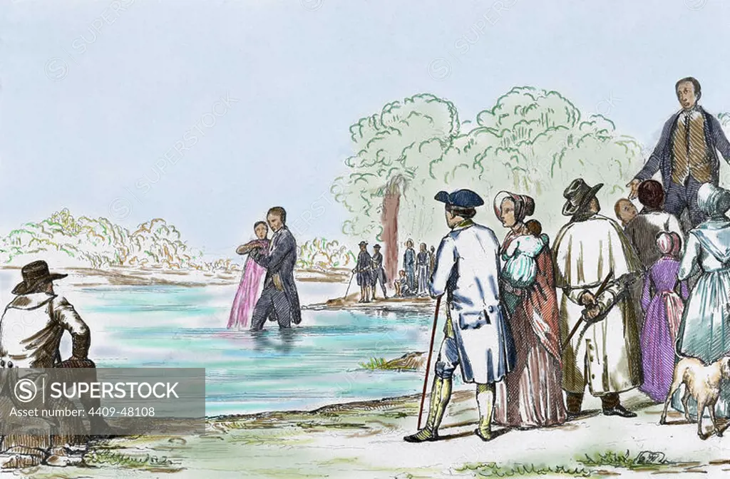 United States. Virginia. Anabaptist Baptism. Their ideology lay in the acceptance of baptism of adults only. 17th century. Colored engraving, 1841.