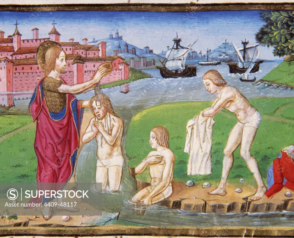 St. John the Baptist baptizing in the Jordan River. Codex of Predis (1476). Royal Library. Turin. Italy.