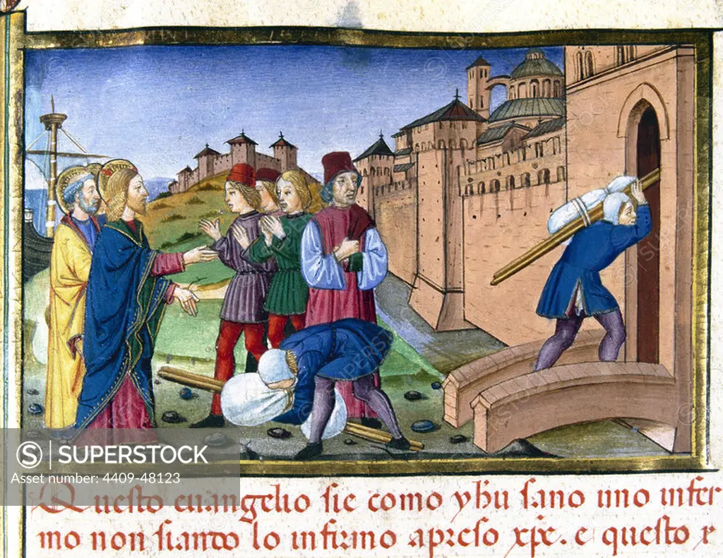 Jesus said to the paralytic, Arise and walk. Codex of Predis (1476). Royal Library. Turin. Italy.