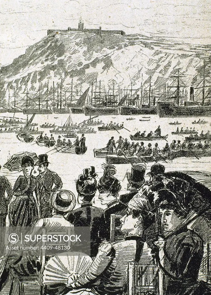 Spain. Catalonia. Barcelona. Audience at the sea spectacle held during the town's festival. Asarta drawing on "The Iberian Illustration." 1888. Engraving.
