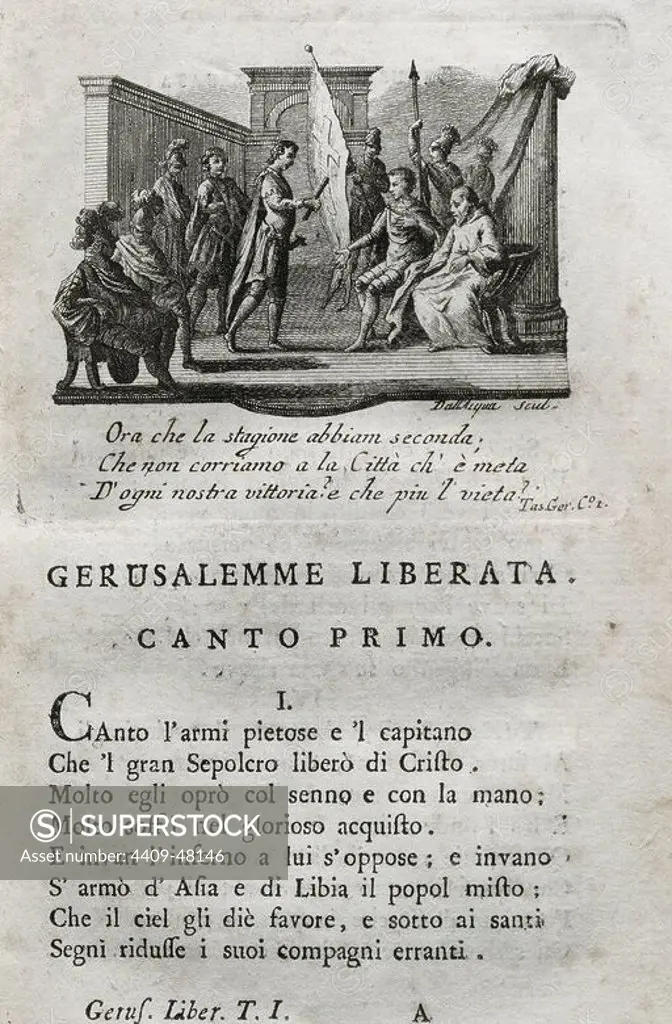 Torquato Tasso (1544-1595). Italian poet. Gerusalemme Liberata (Jerusalem Delivered), 1581. Epic poem. Chant I. Printed in Venice, 1788.