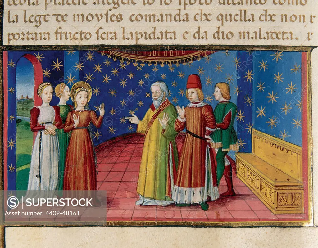 Priests are convincing Mary to marry. Codex of Predis (1476). Royal Library. Turin. Italy.