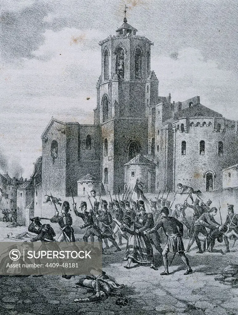 Peninsular War (1808-1814). Catalonia. Siege and Conquest of Tarragona by French troops under command of Marshal Suchet (June 28, 1811). Combat near the Cathedral. Engraving, 19th century.