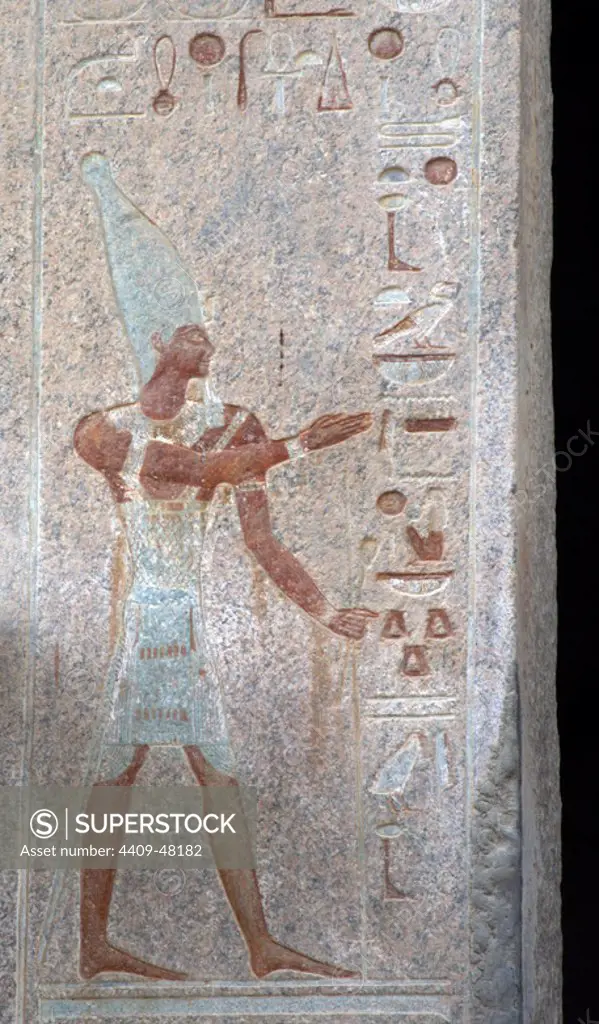 Polychrome relief depicting a pharaoh. Temple of Hatshepsut. New Kingdom. Eighteenth Dynasty. Deir el-Bahari. Egypt.