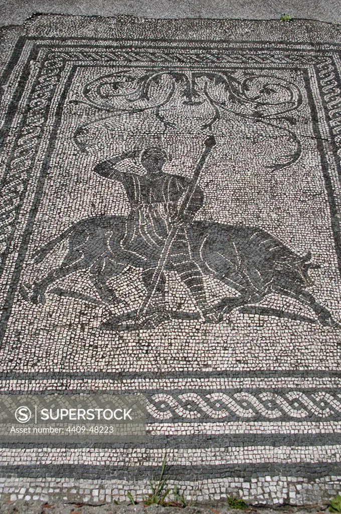 Ostia Antica. Square of the Guilds or Corporations. Mosaic depicting a hunting scene. Near Rome.
