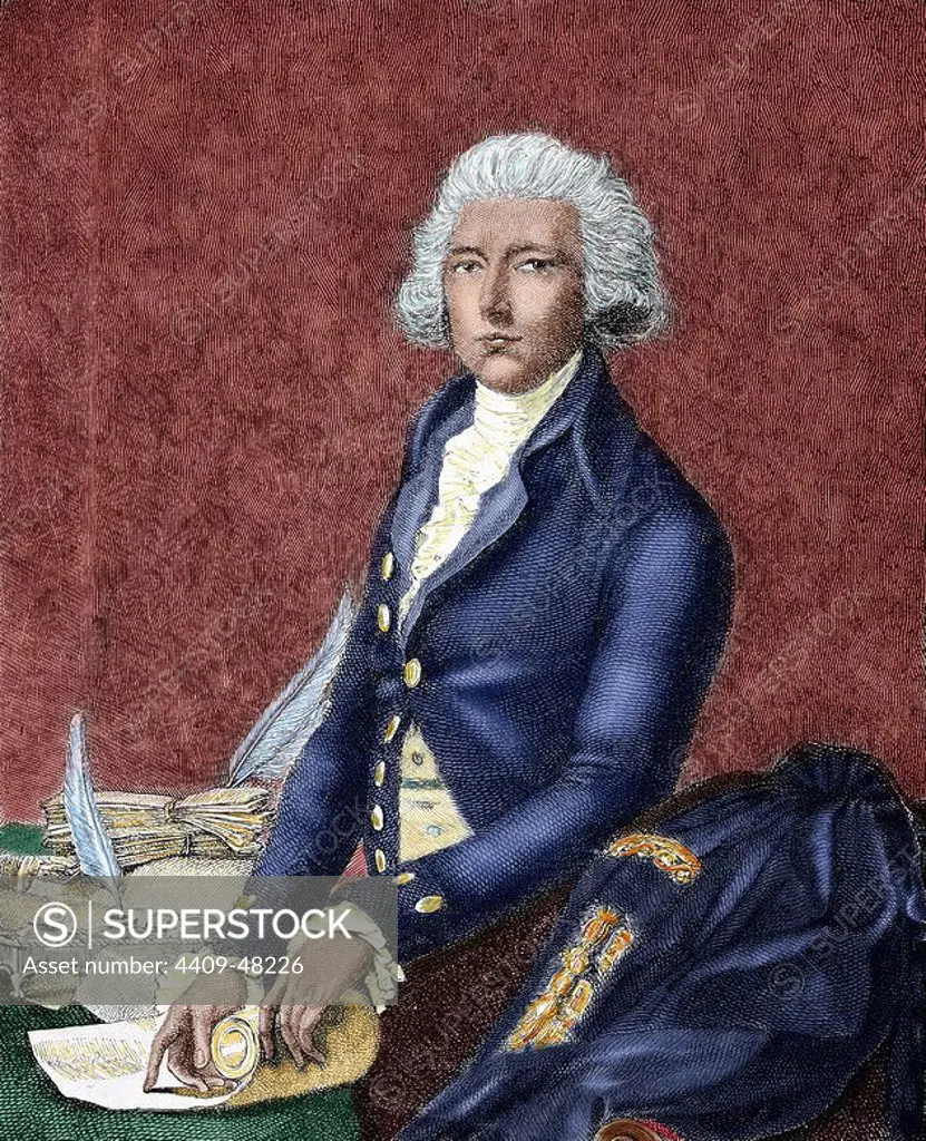 PITT, William (London 1708-Hayes, 1778), first Earl of Chatham, called "Pitt the Elder" or "Prime Pitt". Also konwn as The Great Commoner. British politician. He joined the ranks of Commons "Whig" in 1735. He headed the government between 1757 and 1761. Engraving. Colored.