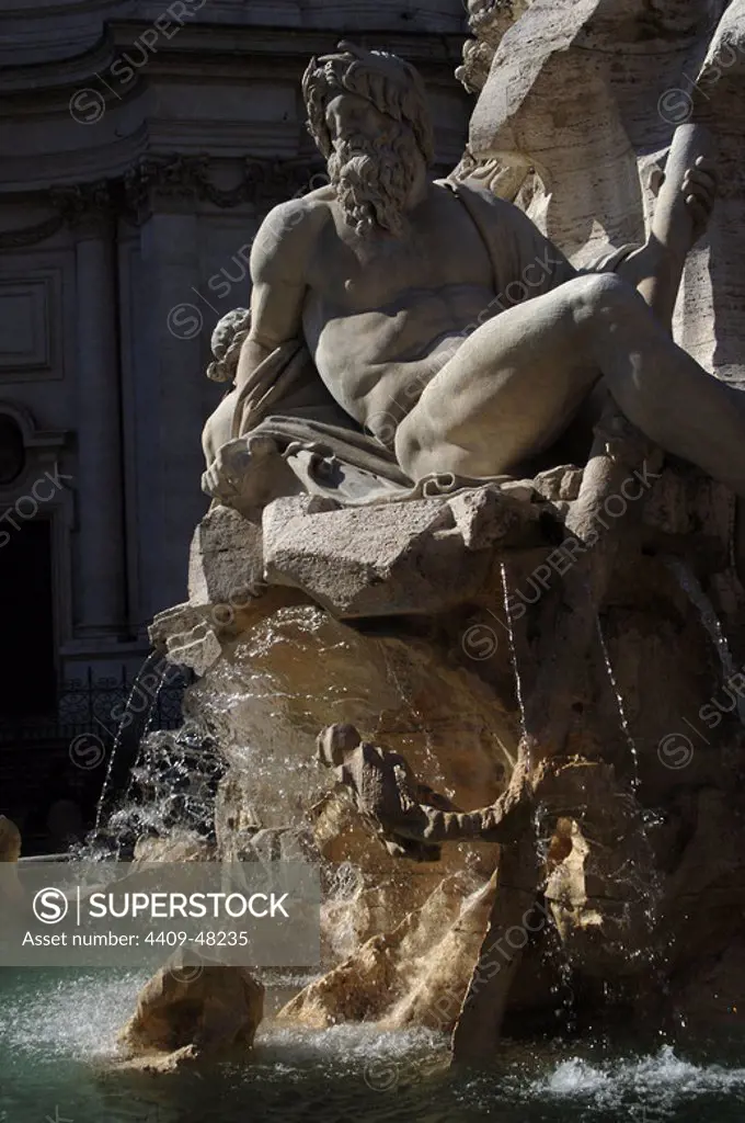Italy. Rome. Fountain of Four Rivers, 1651, by Gian Lorenzo Bernini (1598-1680). Detail of river-god Ganges. Navona Square.