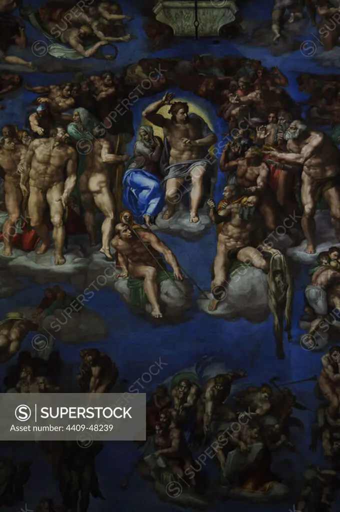 Michelangelo (Michelangelo Buonarroti) (1475-1564). Italian artist. The Last Judgement. Fresco. 1536-1541. Detail. Central part. Sistine Chapel. Vatican Museums. Vatican City.
