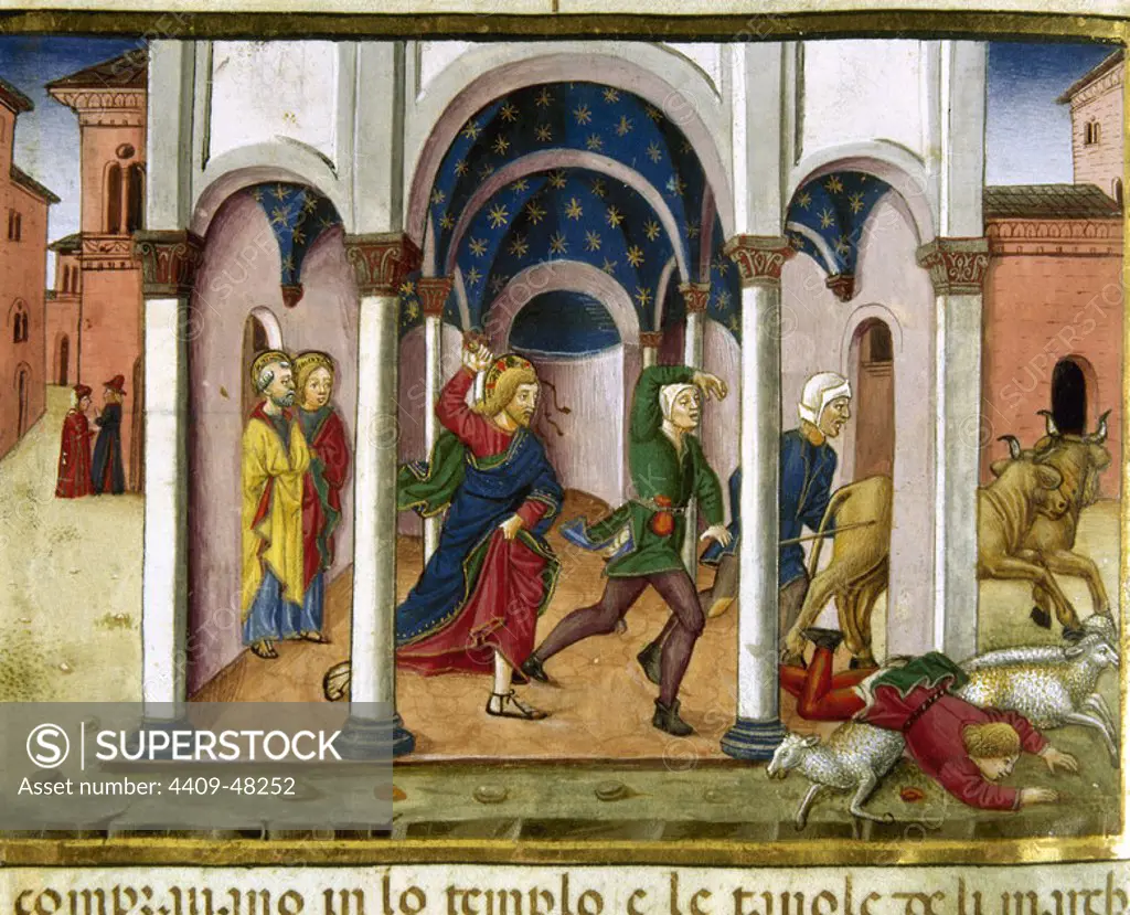 Jesus expel the merchants from the Temple. Codex of Predis (1476). Royal Library. Turin. Italy.