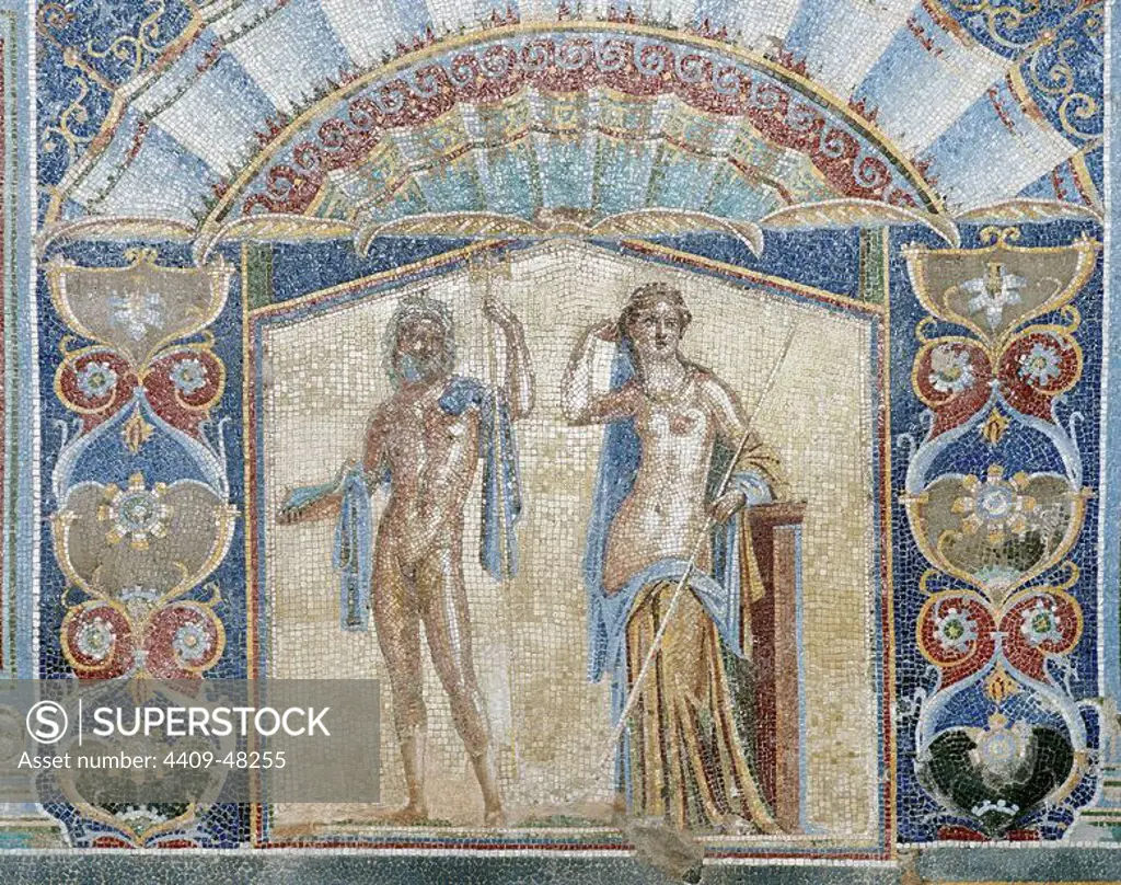 Neptune and Amphitrite. Roman mosaic in the Nymphaeum of the House of Neptune and Amphitrite. 70 A.C. Wall mosaic in House number 22. Herculaneum. Italy.