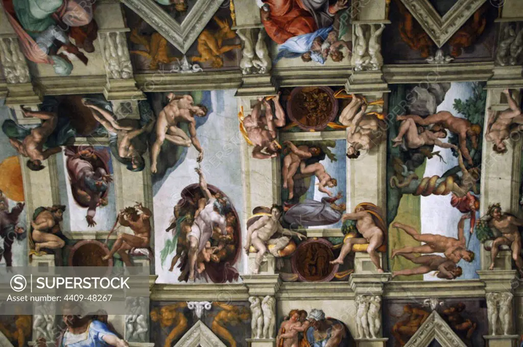 Michelangelo (Michelangelo Buonarroti) (1475-1564). Italian artist. Ceiling of Sistine Chapel. Frescoes. C.1512. Vatican Museums. Vatican City.