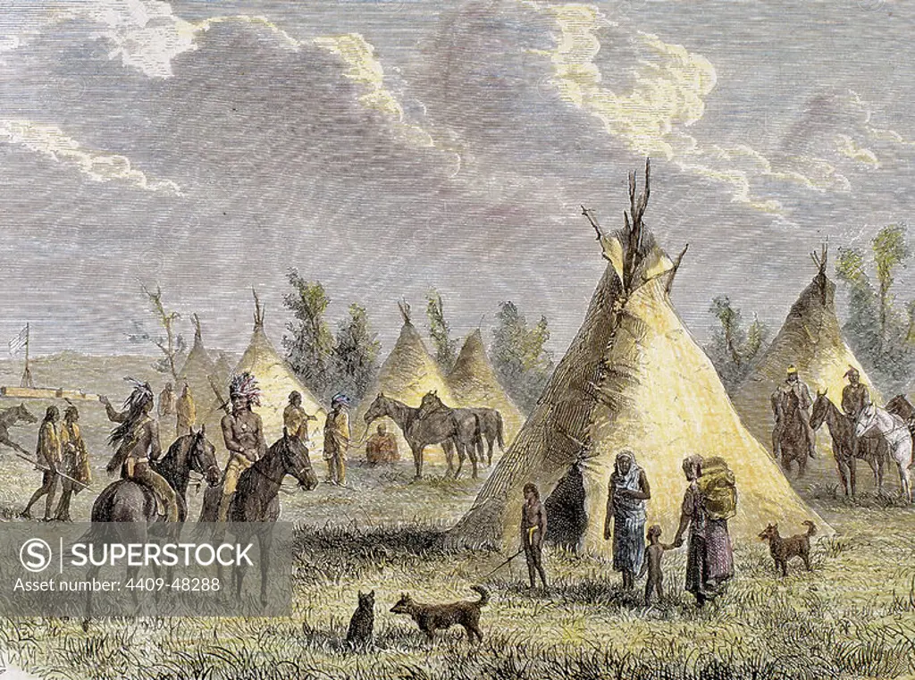 Sioux Camp near Fort Laramie. Colored engraving, 1884.