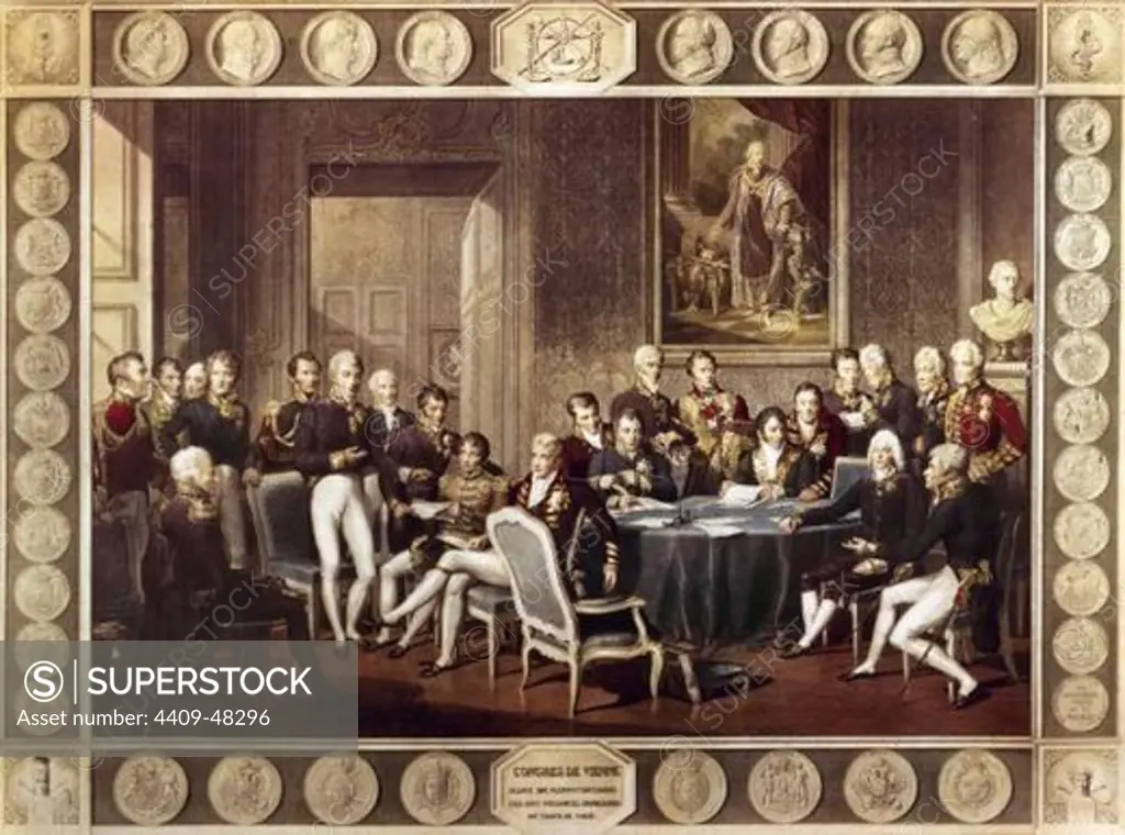"CONGRESO DE VIENA" (octubre 1814-junio 1815). Asamblea de las potencias europeas en Viena, para establecer un nuevo equilibrio de fuerzas en Europa. Grabado del s. XIX.
