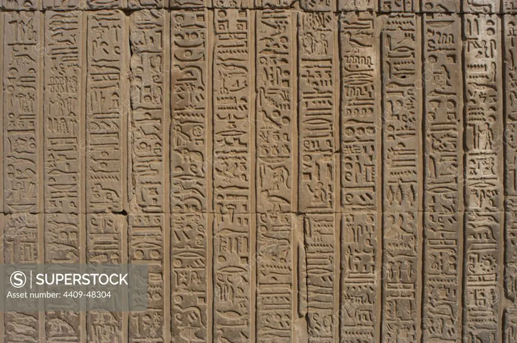 Egyptian Art. Temple of Kom Ombo. Ptolemaic Dynasty. 2nd century B.C. Dedicated to the crocodile god Sobek and falcon god Haroeris. Egyptian hieroglyphs. Relief.
