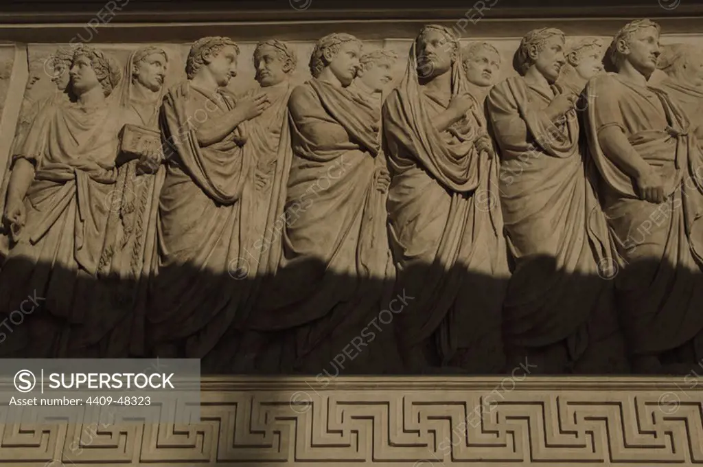 Roman Art. Italy. Ara Pacis Augustae. Processional frieze. Detail. Relief. Original North side. Dated 13th century BC. Museum of the Ara Pacis. Rome. Italy.
