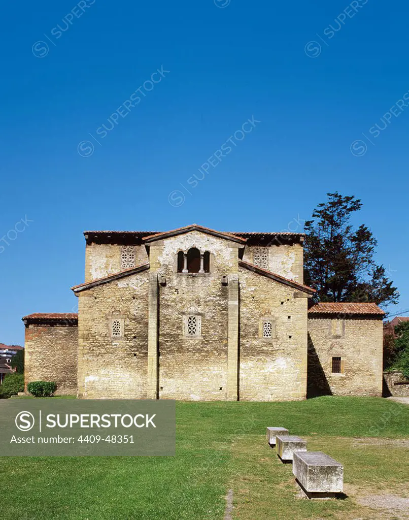 Pre-Romanesque art. Church of San Julia´n de los Prados or Santullano. Pre-Ramirense church from the beginning of the 9th century in Oviedo, ordered by Alfonso II of Asturias. Triple apse. Oviedo. Asturias. Spain.