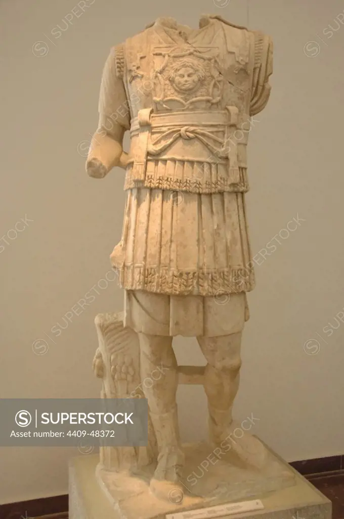 Marcus Aurelius (121-180 d.C). Stoic philosopher and Roman emperor Antonine Dynasty (161-192). Headless statue, probably of the emperor Marcus Aurelius. Erected in the eastern naiscos nymphaeum. Archaeological Museum of Olympia. Greece.