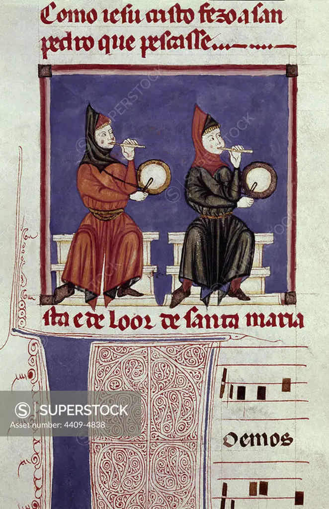 Spanish school. The Cantigas de Santa Maria (manuscript with music notations): Pipes and drums players. 13th century. Canticle n°370. Madrid, San Lorenzo de El Escorial library. Author: Alfonso X of Castile. Location: MONASTERIO-BIBLIOTECA-COLECCION. SAN LORENZO DEL ESCORIAL. MADRID. SPAIN.