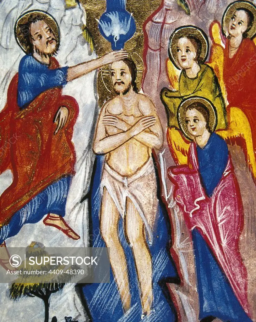 Baptism of Jesus by St. John the Baptist and the coming of the Holy Spirit. Miniature. 15th century. Chantilly Castle. France.