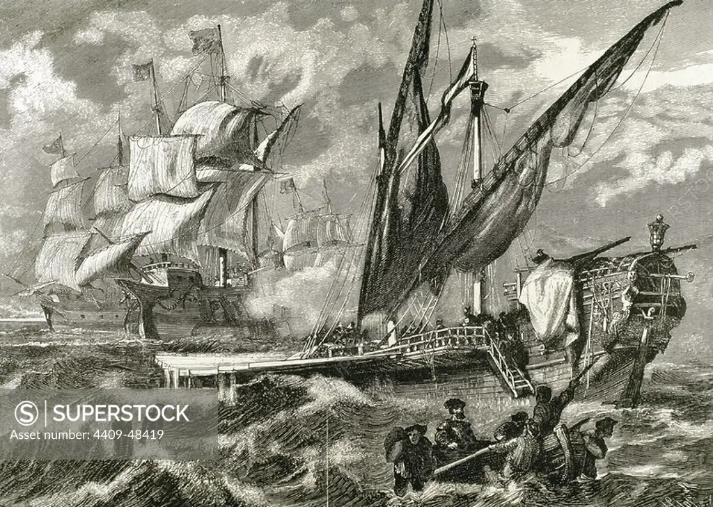 Hanseatic Marine (fourteenth and fifteenth centuries). Engraving by A. Etching Cross (1882). Published in "Germania.".