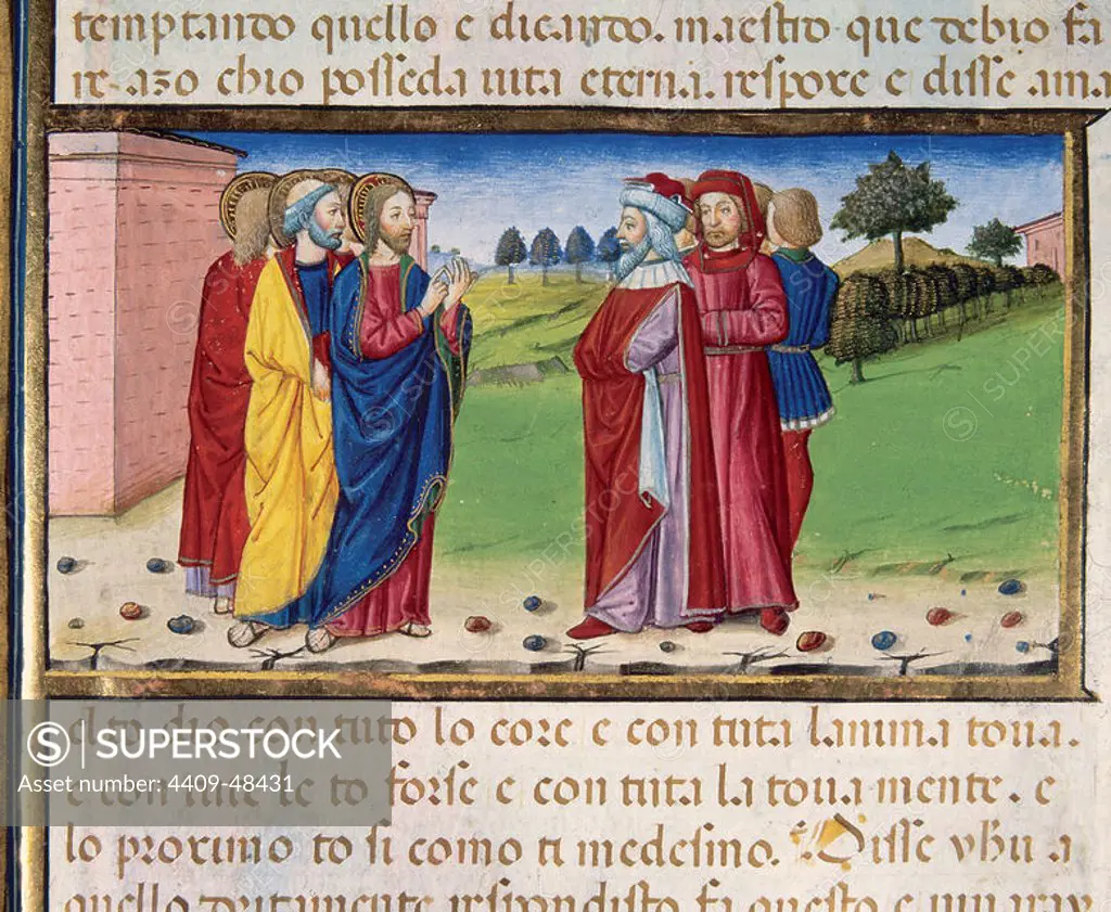 A doctor of the law asks Jesus what he must do to get eternal life. Codex of Predis (1476). Royal Library. Turin. Italy.