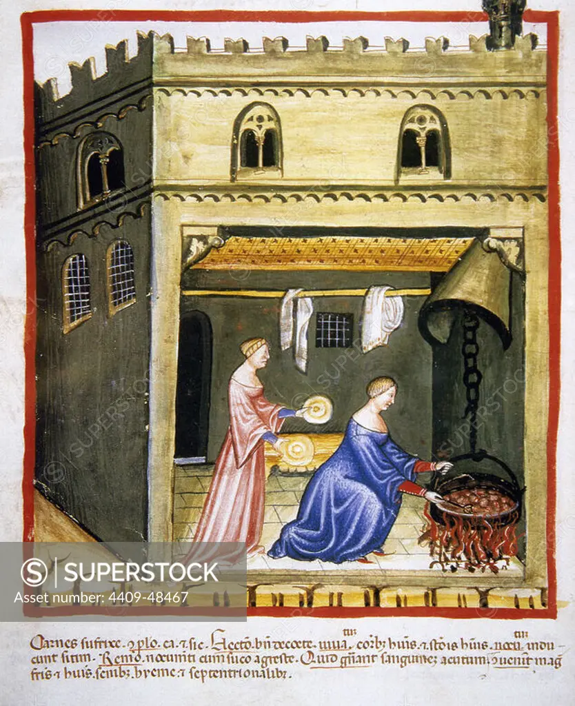 Tacuinum Sanitatis. Medieval handbook of health. Woman cooking.