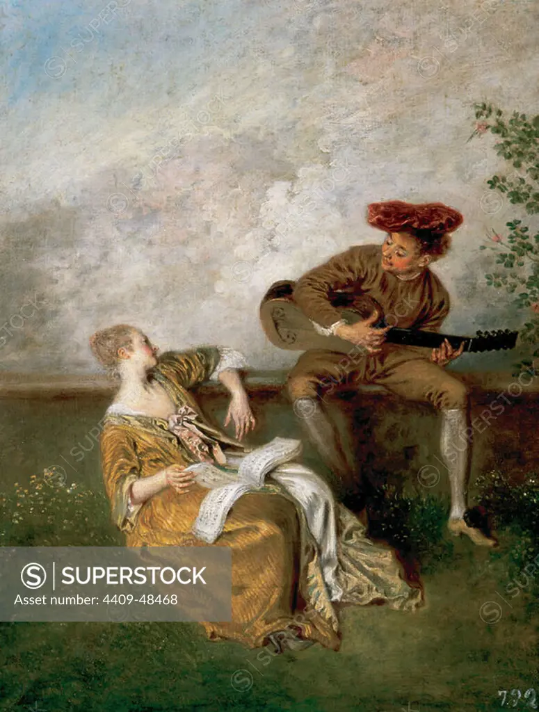 Jean-Antoine Watteau (1684-1721). French painter. The Singing Lesson, 1717-18. Guitarist and Young Lady with a Music Book. Oil on Canvas. Royal Palace. Madrid. Spain.
