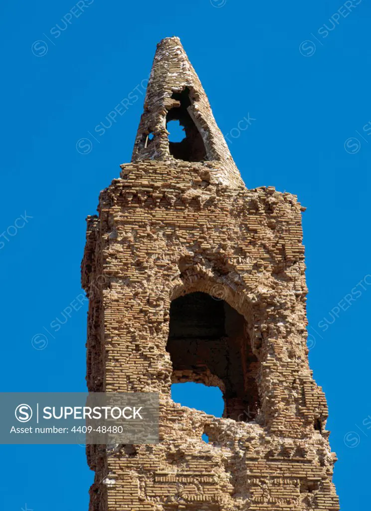 Spain. Belchite. Ruins of the belfry of a church, destroyed in the Battle of the Ebro (1937), during the Spanish Civil War (1936-1939).