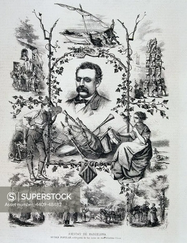 CLAVE, JOSE ANSELM COMPOSITOR ESPAÑOL. BARCELONA 1821-1906 GRABADO ILUSTRACION ESPAÑOLA Y AMERICANA.